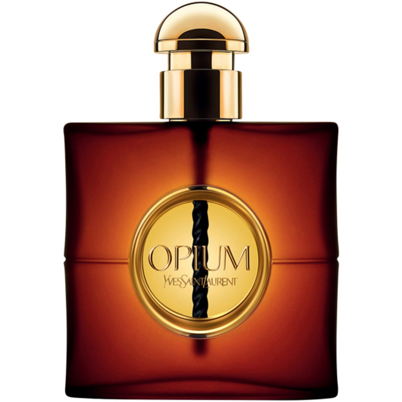 Flacone marrone scuro con tappo dorato e scritta "Opium". Cerchio dorato con filo nero. Marchio: Yves Saint Laurent.