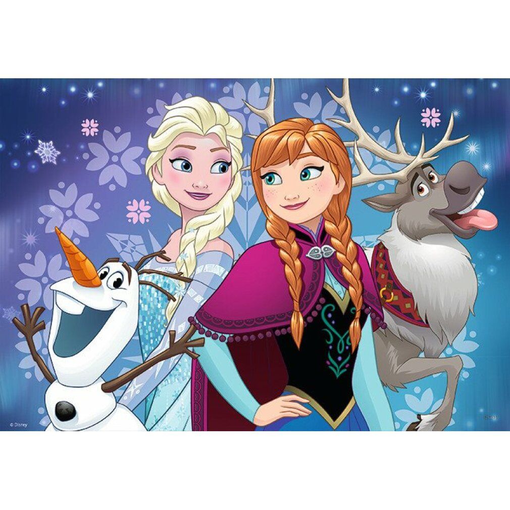 Puzzle con Elsa, Anna, Olaf e Sven. Sfondo con fiocchi di neve. Personaggi del film Frozen.