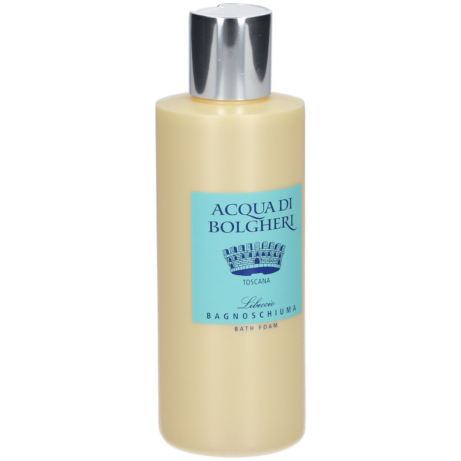 Flacone beige con tappo argentato. Etichetta blu con testo: ACQUA DI BOLGHERI, Libeccio Bagnoschiuma, Toscana, Bath Foam.