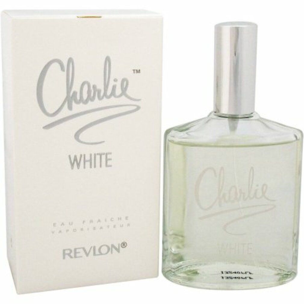 Flacone e scatola Charlie White Eau Fraiche. Scritta: Charlie White, Revlon. Liquido trasparente. 125 ml.