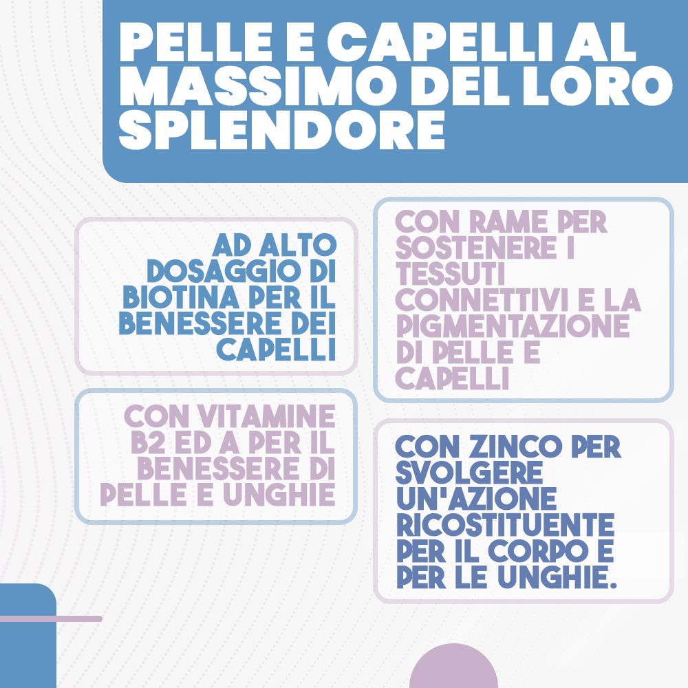 Infografica con testo: Alta dose di biotina per capelli, rame per tessuti connettivi, vitamina B2 per pelle e unghie, zinco per corpo e unghie.