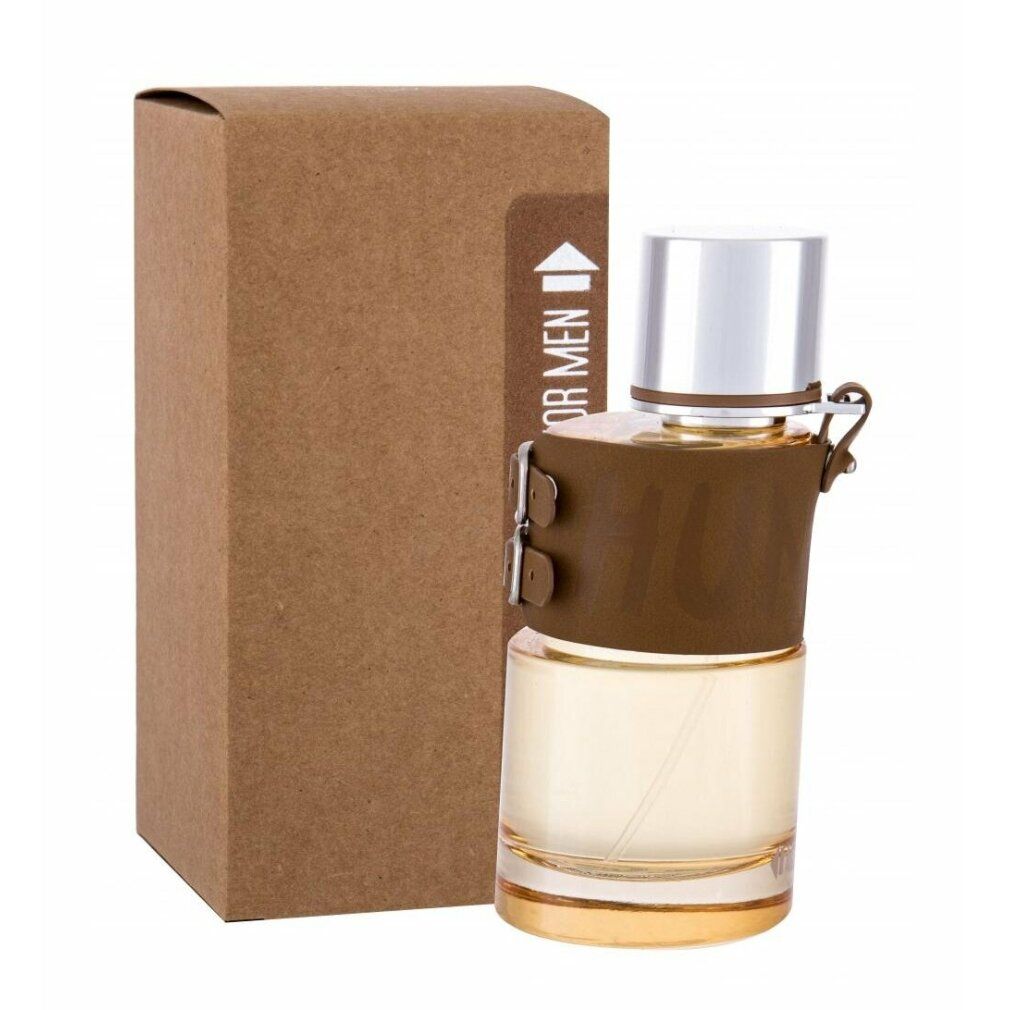 Flacone di profumo con custodia in pelle marrone e scatola. Scritta: Hunter For Men.