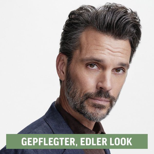 Ritratto di un uomo con capelli e barba curati. Testo: Look curato ed elegante.