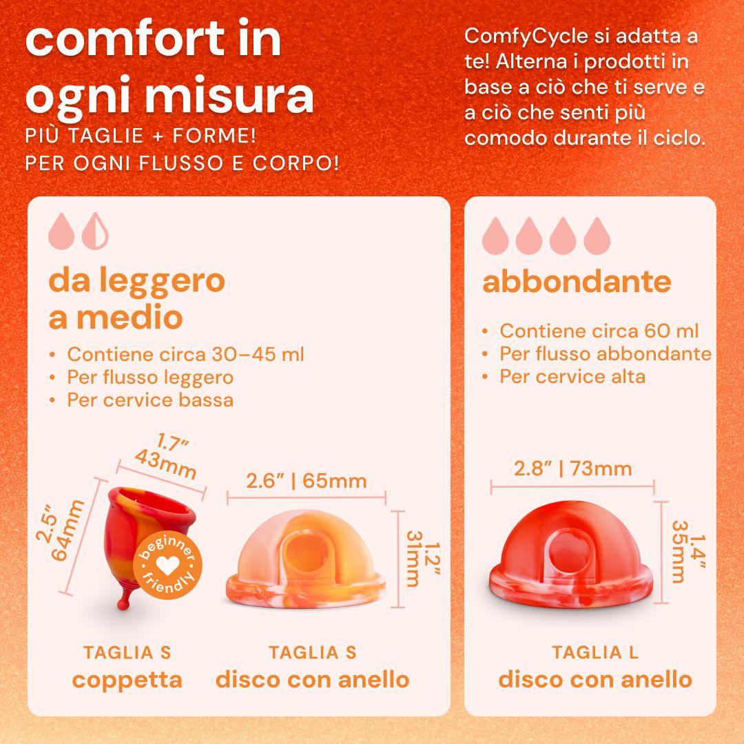 Coppette mestruali e dischi con anello in taglie S e L, con dimensioni.