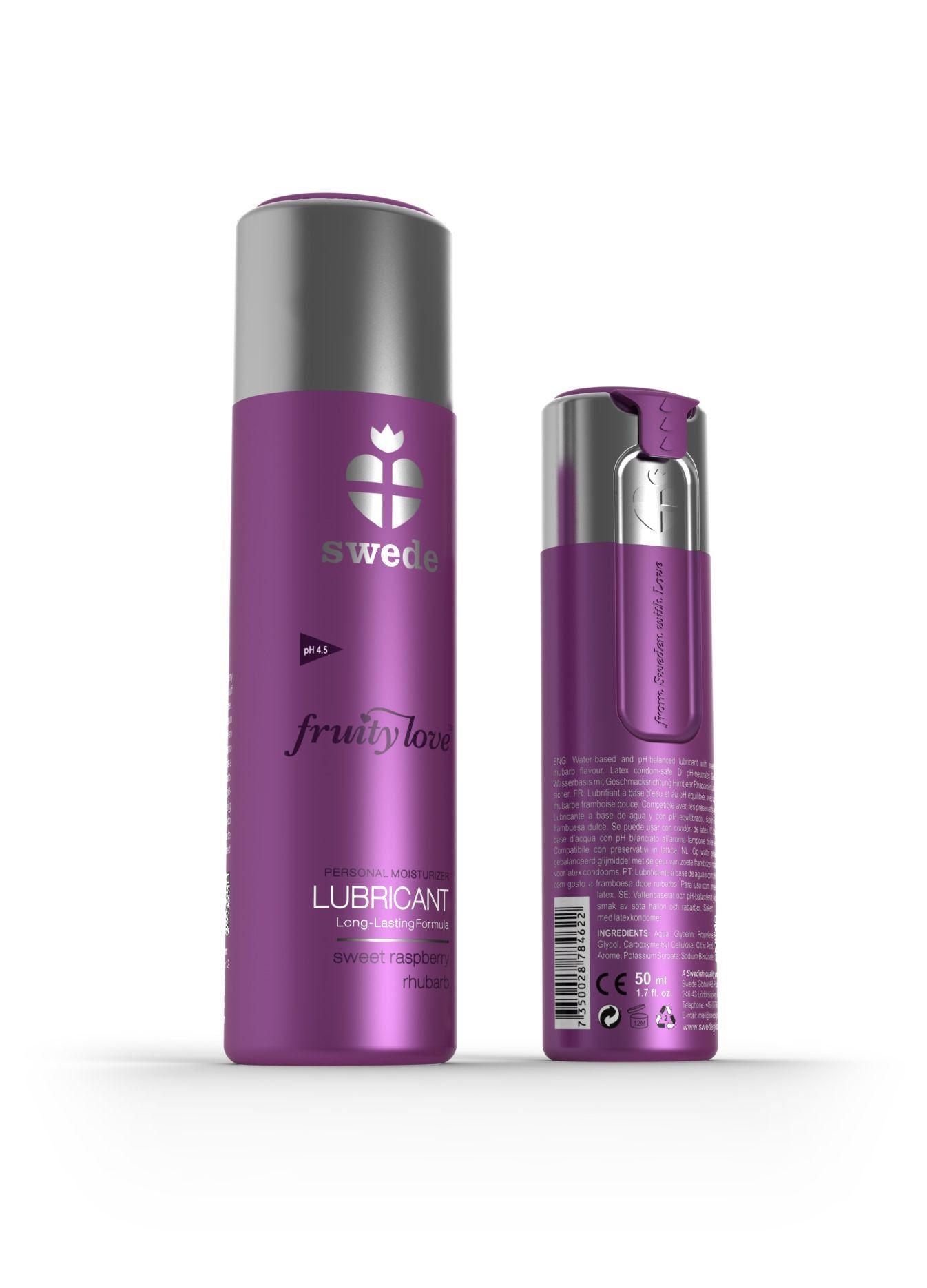 Due flaconi viola. Scritta: swede, fruity love, LUBRICANT. pH 4.5. Retro con testo e codice a barre. Tappi argentati.