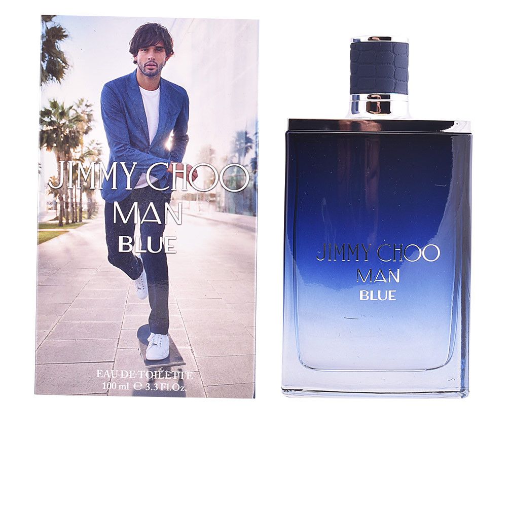 Flacone e confezione di Jimmy Choo Man Blue. Flacone rettangolare, blu trasparente. Confezione con uomo, scritta.