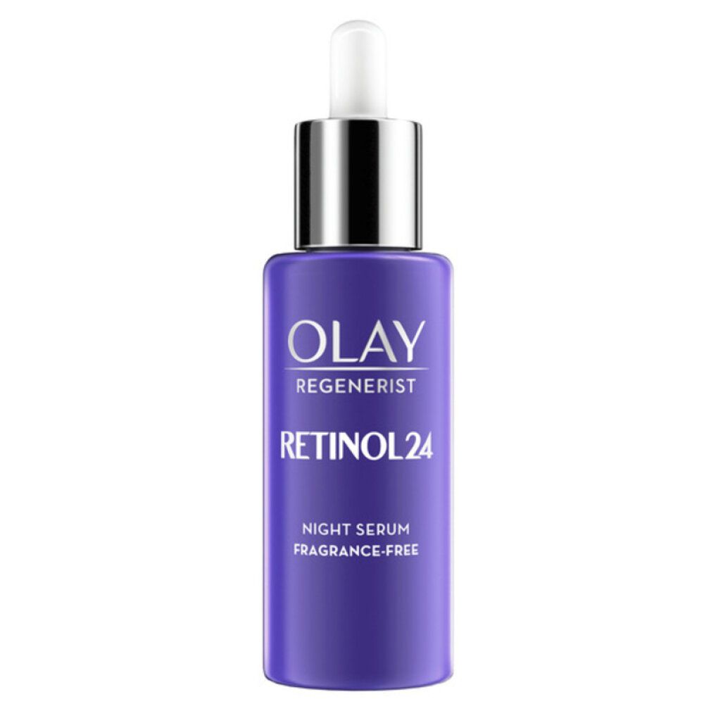 Siero notte Olay Regenerist Retinol 24. Flacone viola, tappo argento e pipetta. Testo: Retinol 24, Night Serum, Fragrance-Free.