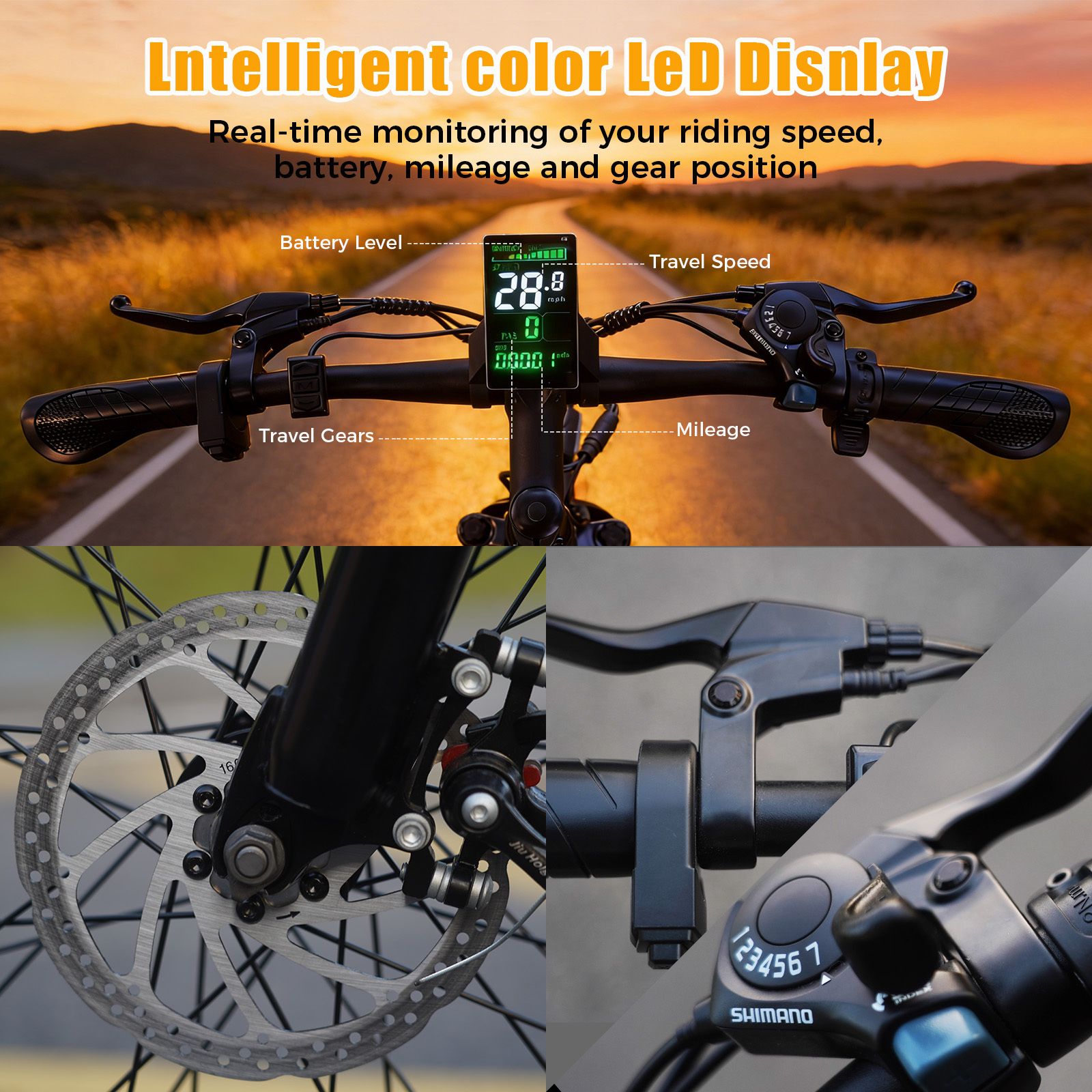 Primo piano del display LED di una e-bike. Mostra velocità, batteria, chilometraggio e marce.