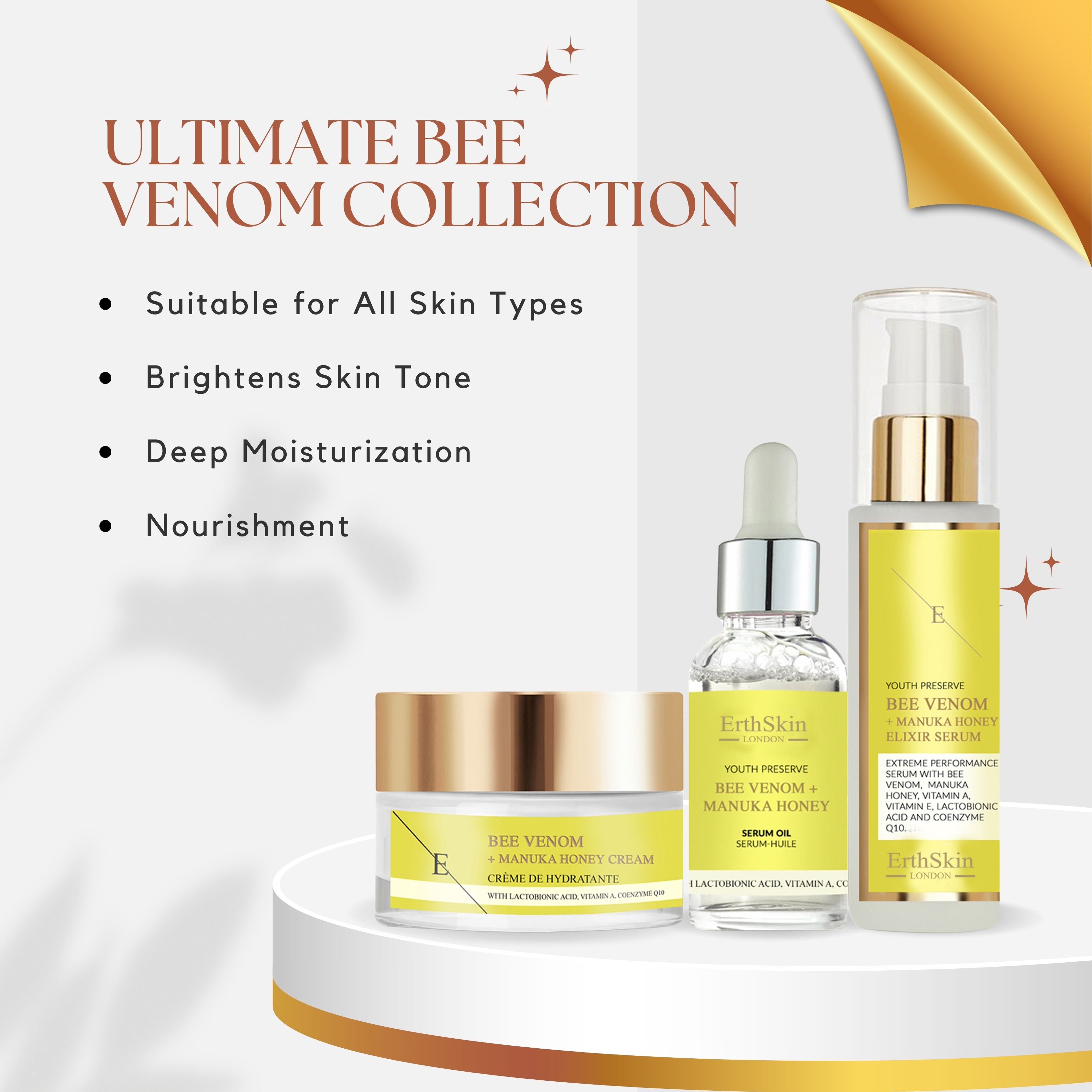 Collezione 'Ultimate Bee Venom' di ErthSkin London con siero, olio e crema.