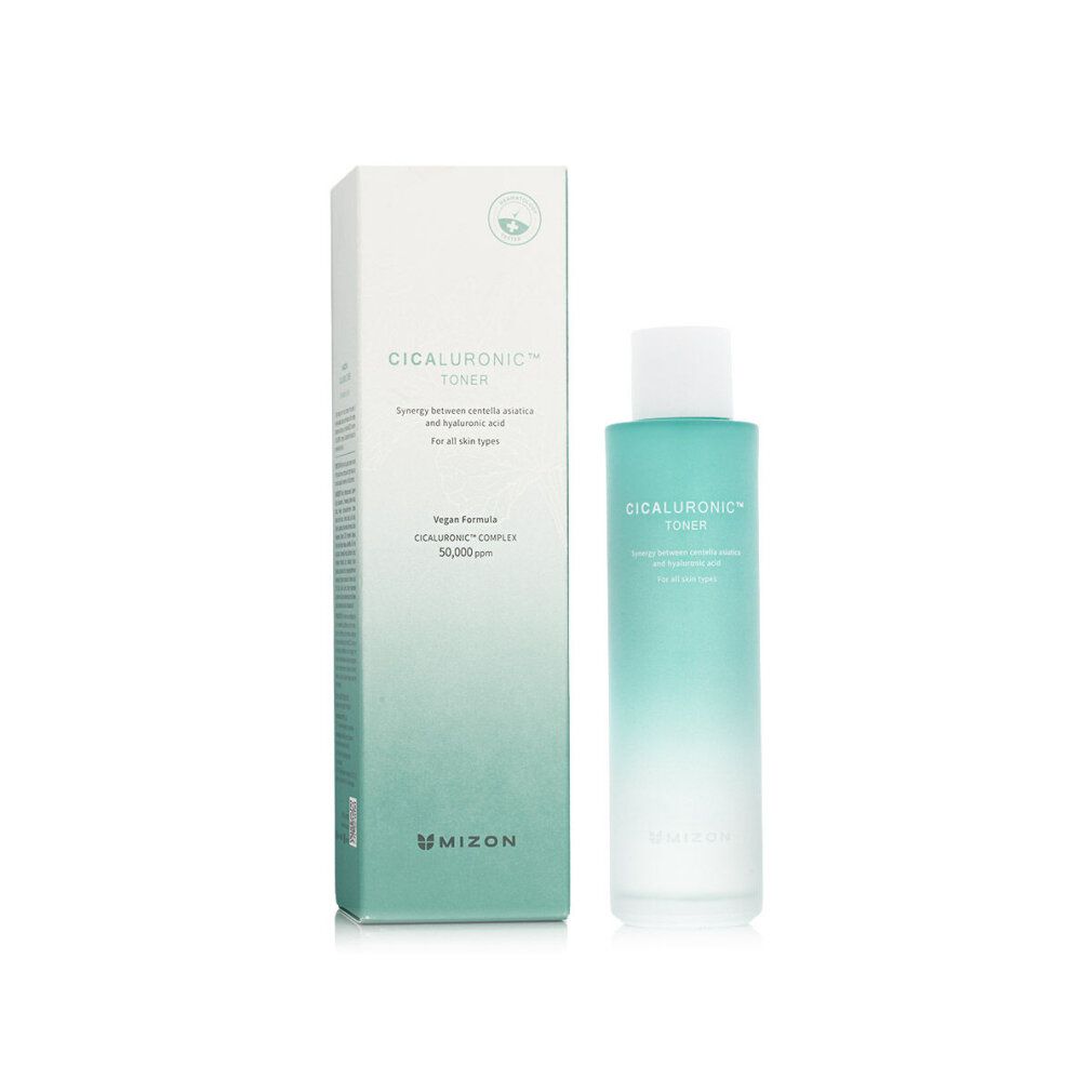 Confezione prodotto con flacone e scatola. Scritta: Cicaluronic Toner. Marchio: Mizon.