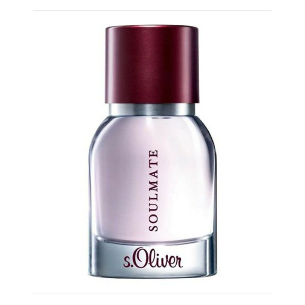Flacone di profumo con tappo rosso, anello e base argentati. Scritta SOULMATE e s.Oliver.