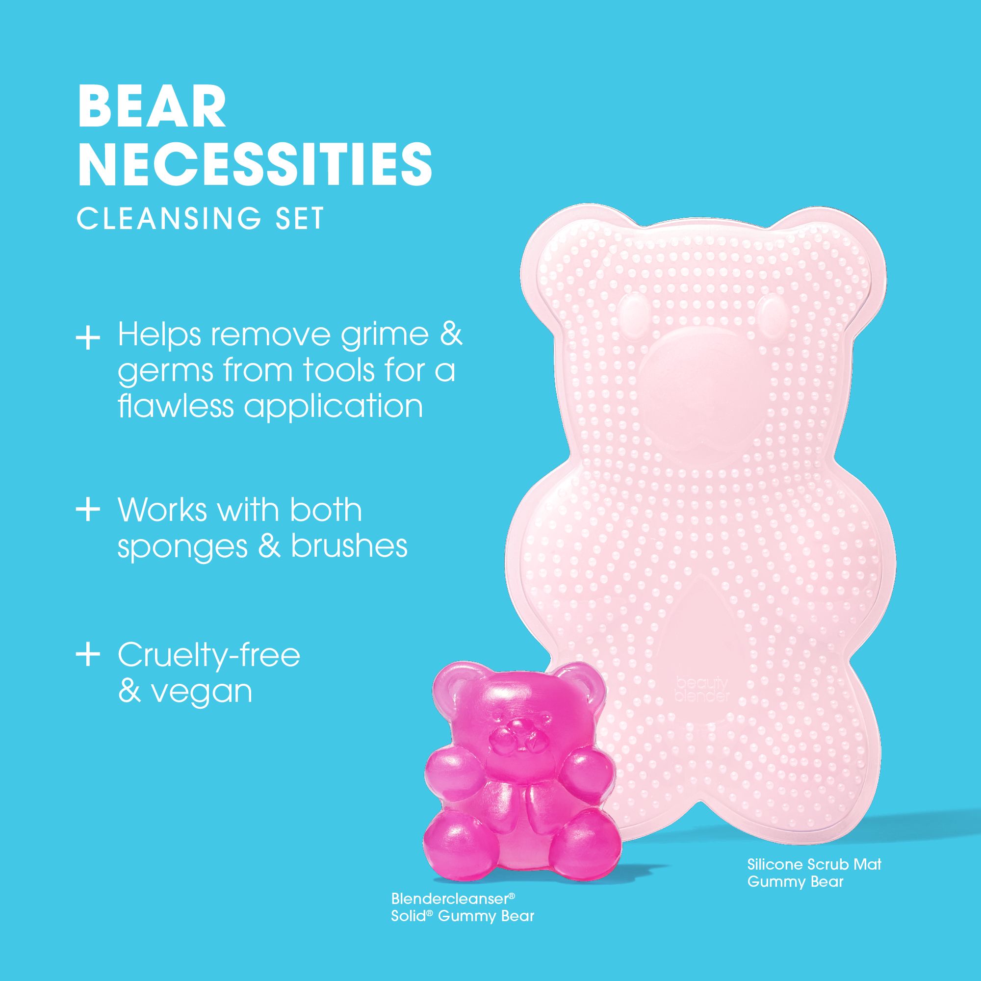Tappetino di pulizia in silicone rosa e orsetto gommoso rosa. Testo: Bear Necessities Cleansing Set, vegan.