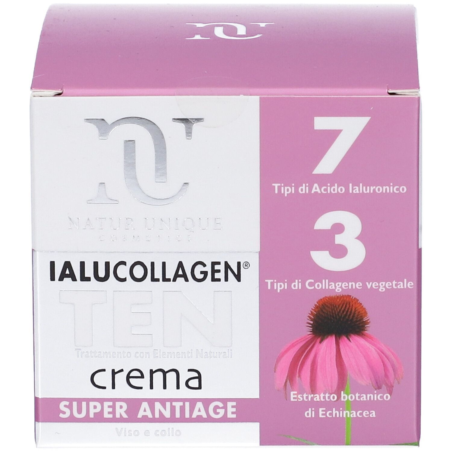 Confezione crema. Scritta: IALUCOLLAGEN TEN crema SUPER ANTIAGE. Con 7 tipi di acido ialuronico e 3 di collagene vegetale.