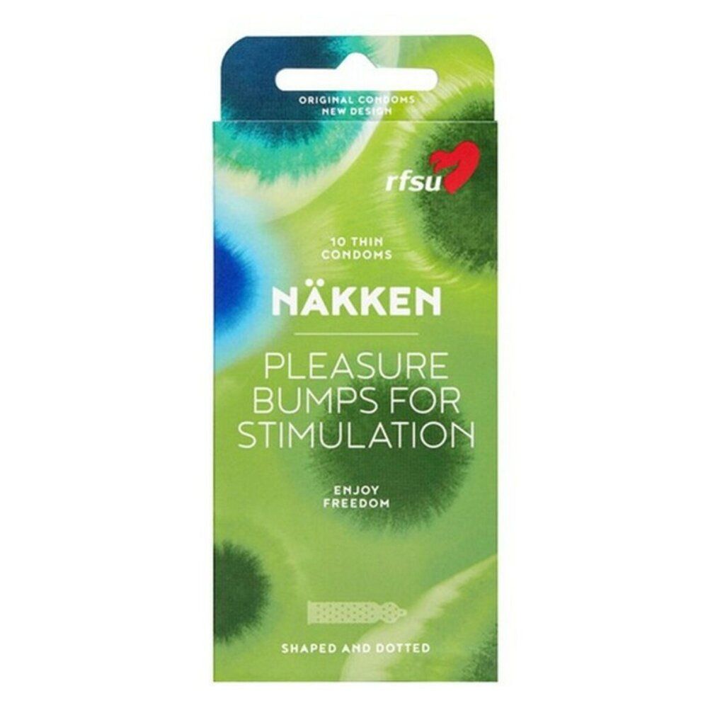 Confezione di preservativi. Scritta: NÄKKEN, Pleasure Bumps for Stimulation. 10 Thin Condoms. Marchio: RFSU. Verde e bianco.