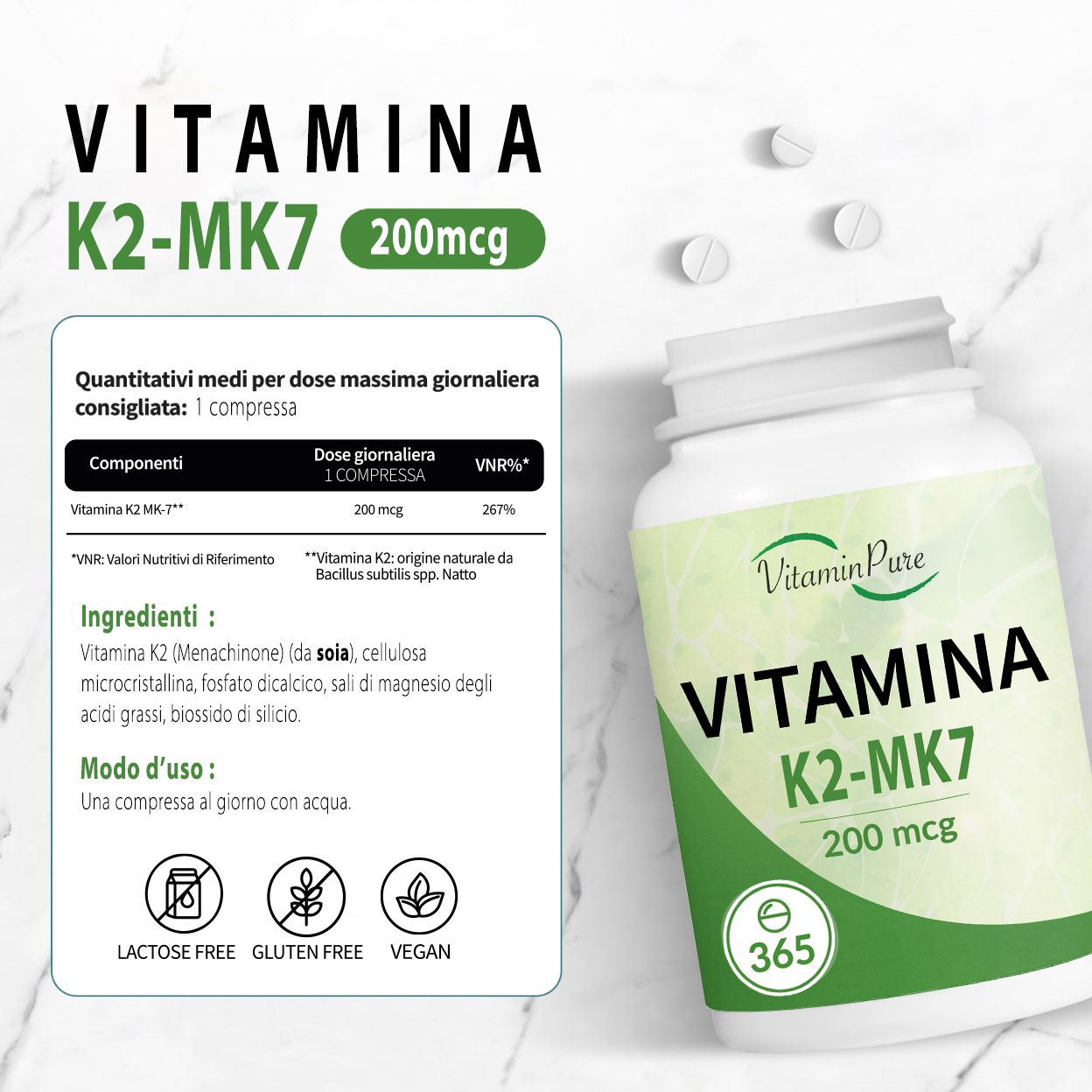 VitaminPure® Vitamina K2 MK7 Alto Dosaggio | Micro-compresse
