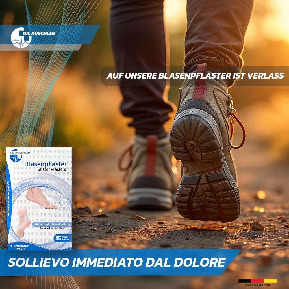 Donna in camice con confezione di cerotti per vesciche. Consegna rapida. 24-48h.