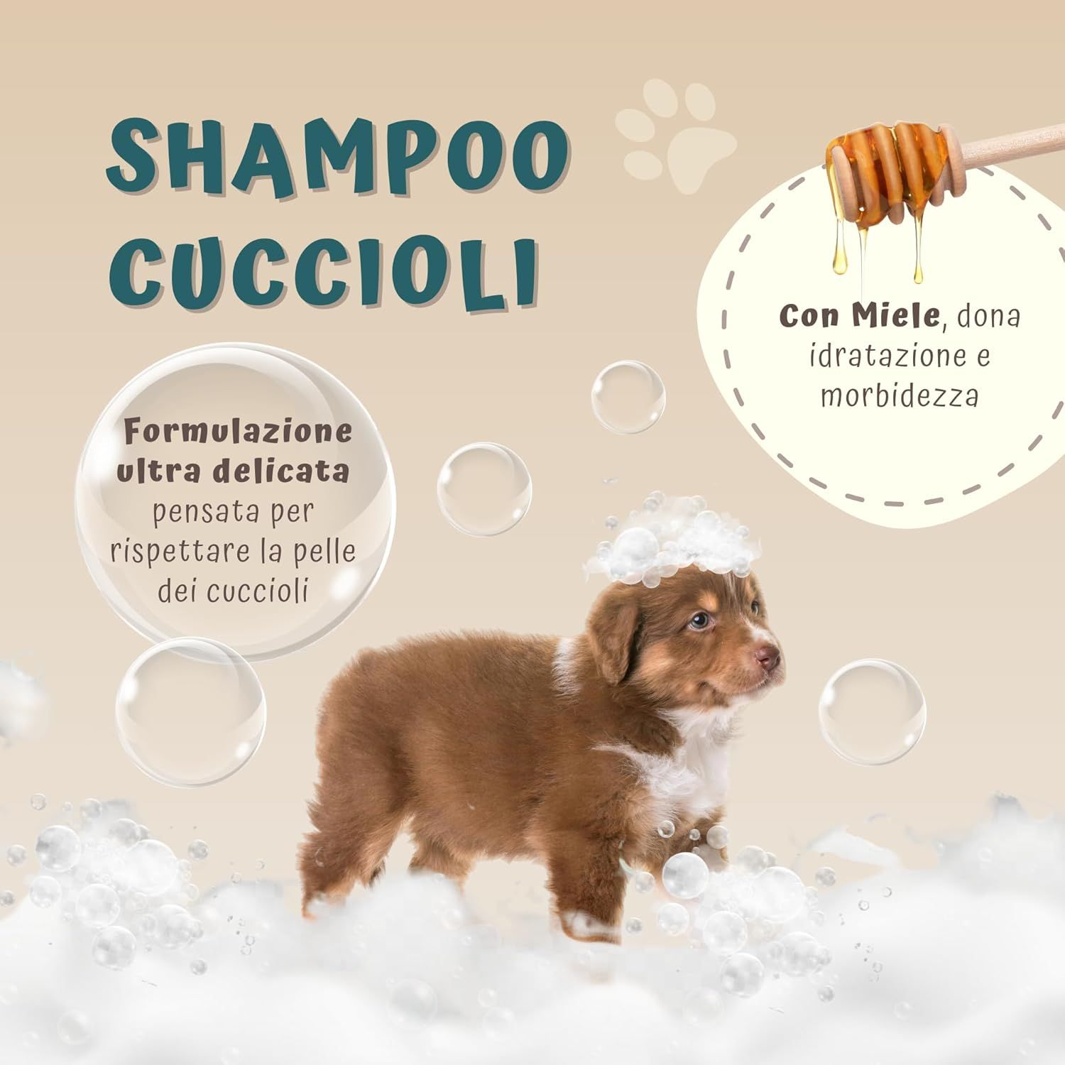 Cane con schiuma sulla testa. Testo: Shampoo Cuccioli. Formula per la pelle dei cuccioli. Con miele per idratazione e morbidezza.