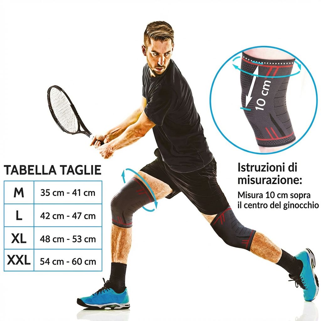 Uomo gioca a tennis con ginocchiere. Taglie: M-XXL. Istruzioni: 10 cm sopra il ginocchio.
