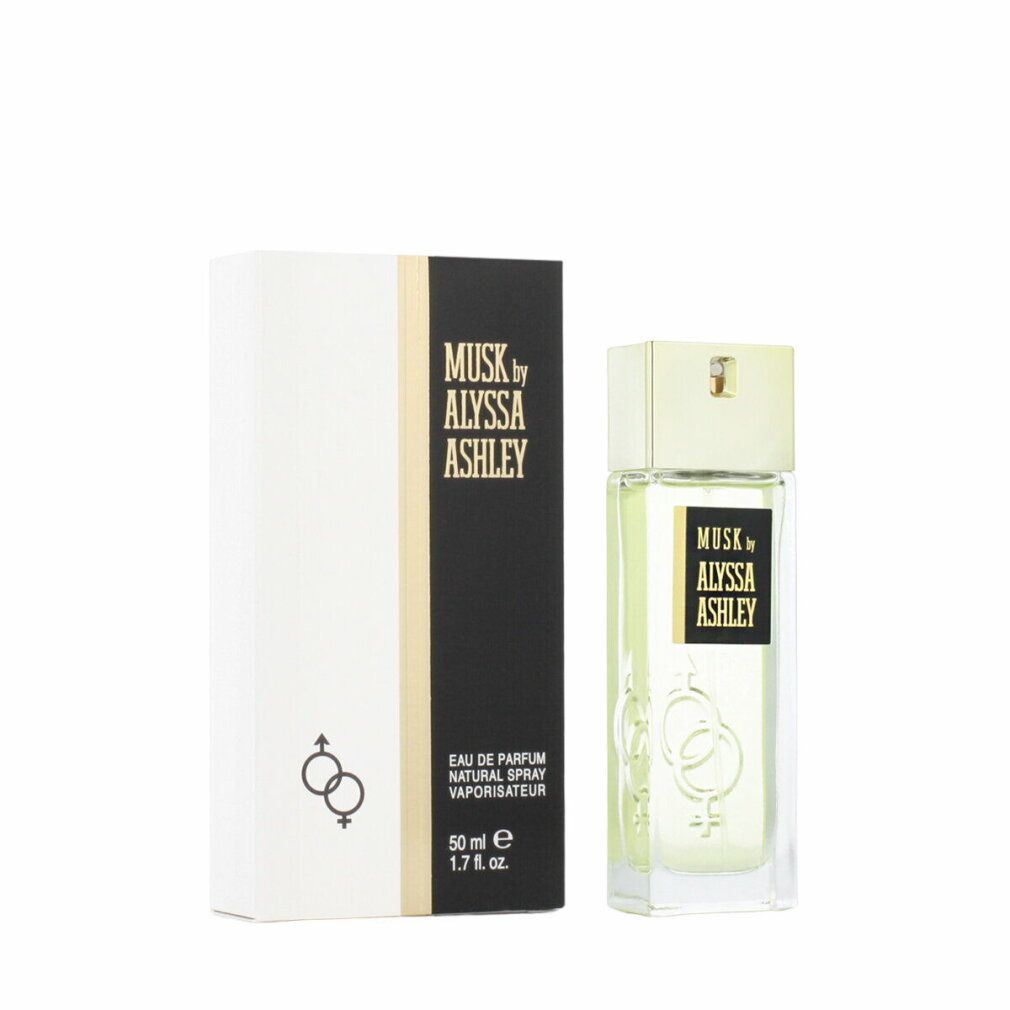 Alyssa Ashley Musk Eau de Parfum Spray. Flacone e confezione. Tappo dorato, etichetta nera con logo.