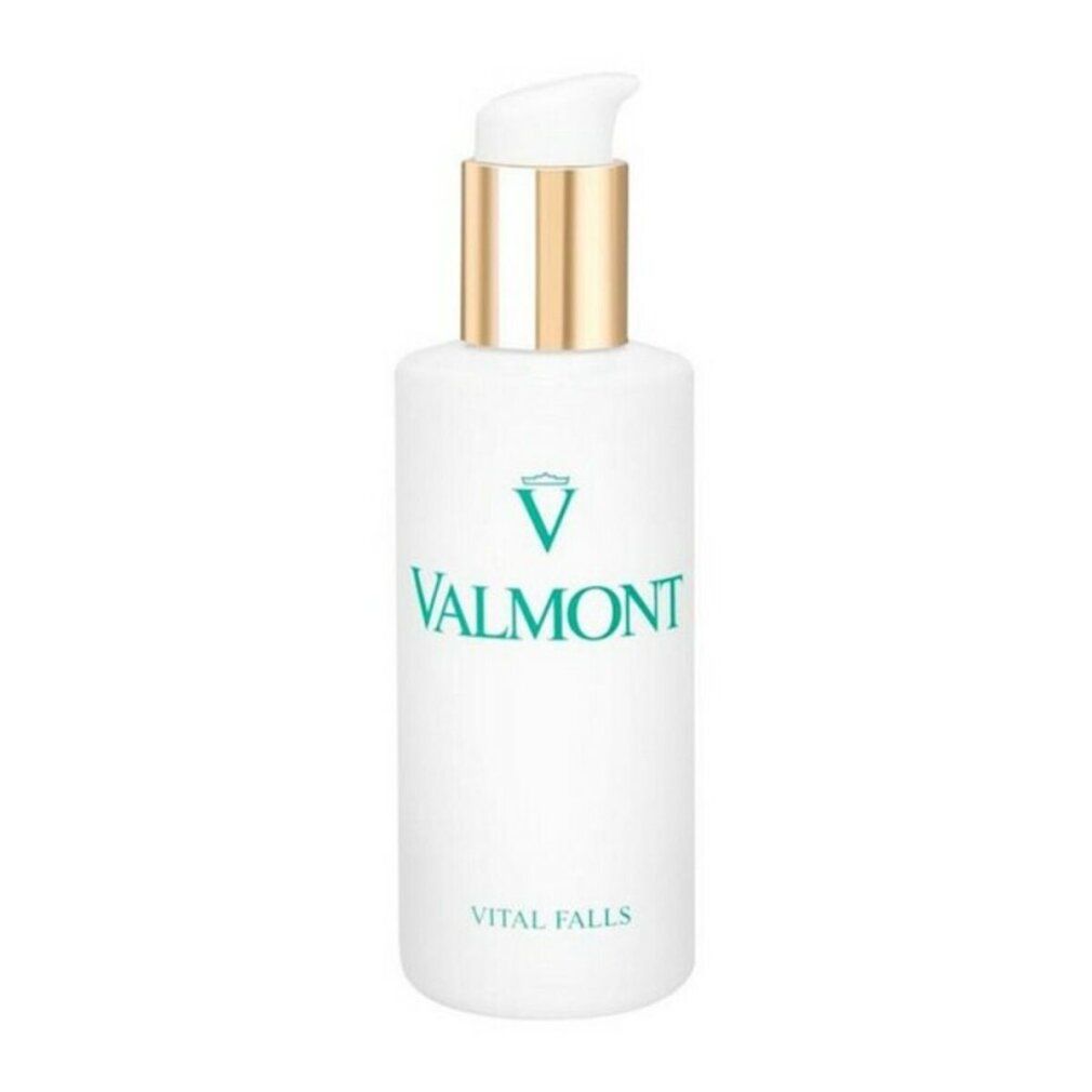 Flacone bianco con logo "Valmont" verde e scritta "Vital Falls". Testina della pompa dorata.