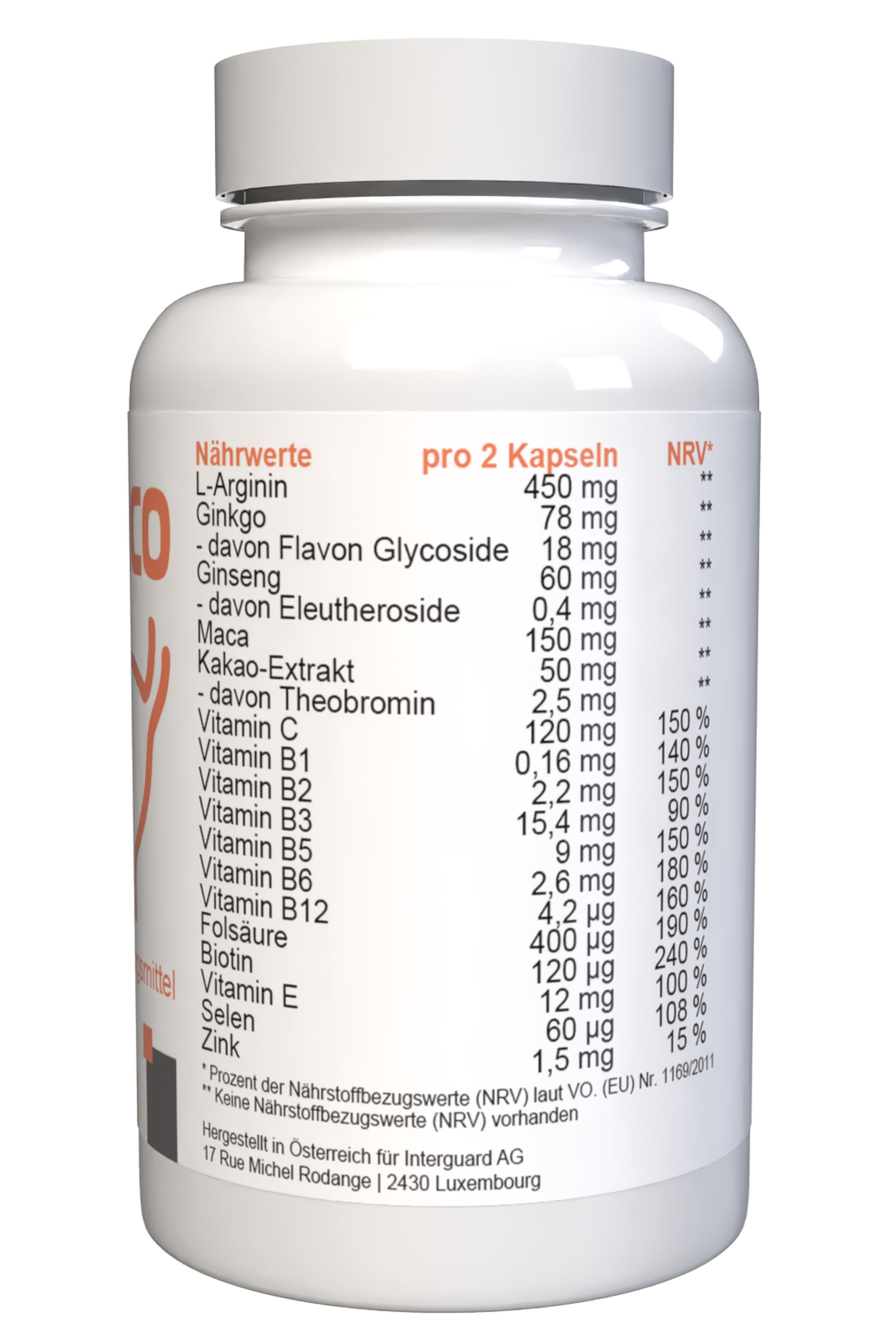 Retro del flacone bianco di capsule. Tabella nutrizionale con ingredienti, quantità per 2 capsule e valore nutritivo di riferimento.