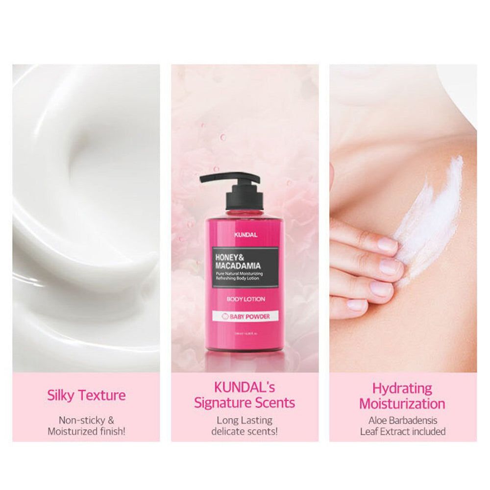 Tre collage: texture setosa, profumo Kundal, lozione idratante all'aloe.