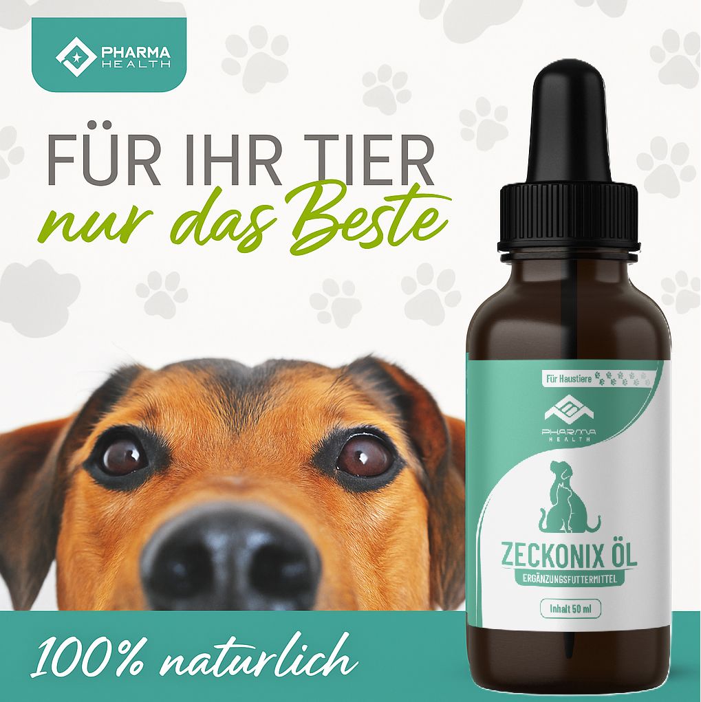 Flacone di vetro marrone con contagocce, davanti a un cane. Testo: Il meglio per il tuo animale. 100% naturale.