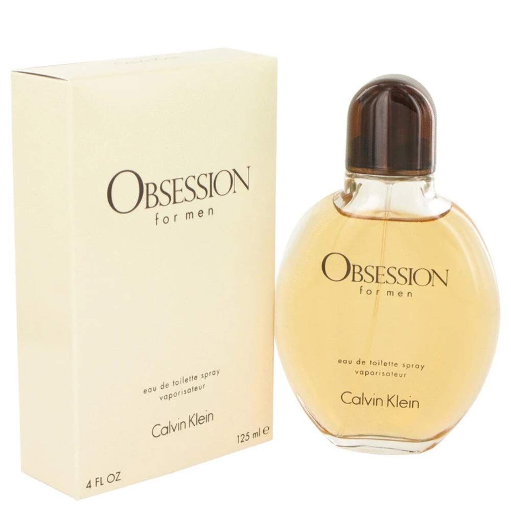 Flacone e confezione Obsession for men. Flacone rotondo, giallo chiaro. Confezione beige con Obsession e Calvin Klein.