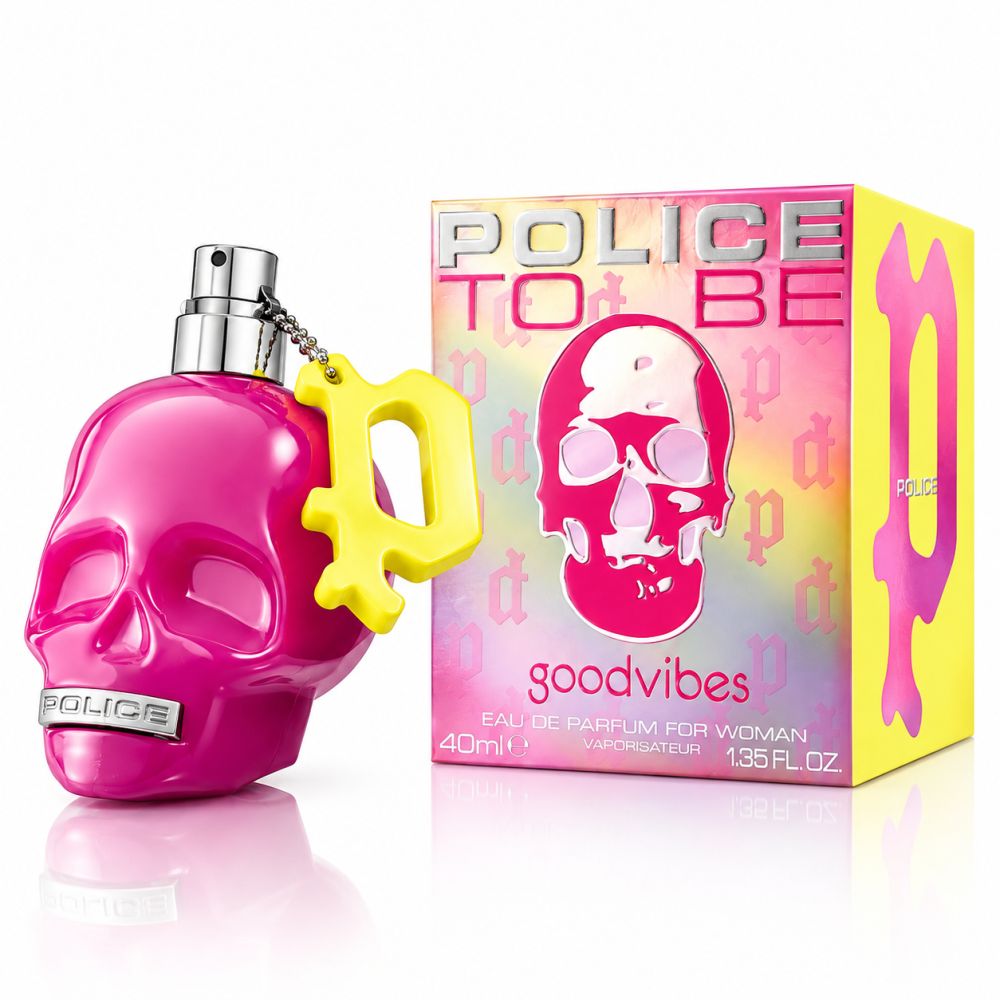 Police To Be Good Vibes Eau de Parfum da donna, 40ml, in un flacone a forma di teschio rosa con scatola abbinata.