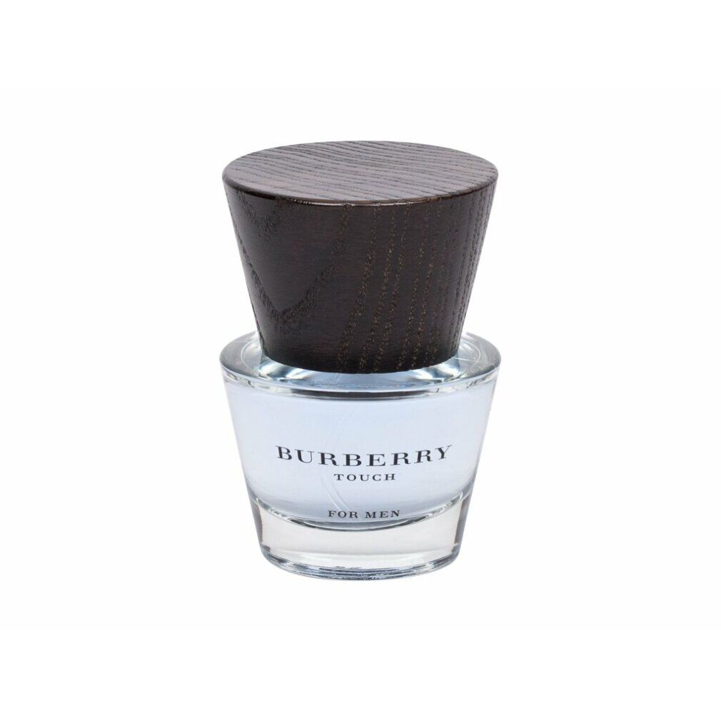 Flacone Burberry Touch for Men. Flacone in vetro con tappo marrone. Marchio e nome del prodotto sul flacone.
