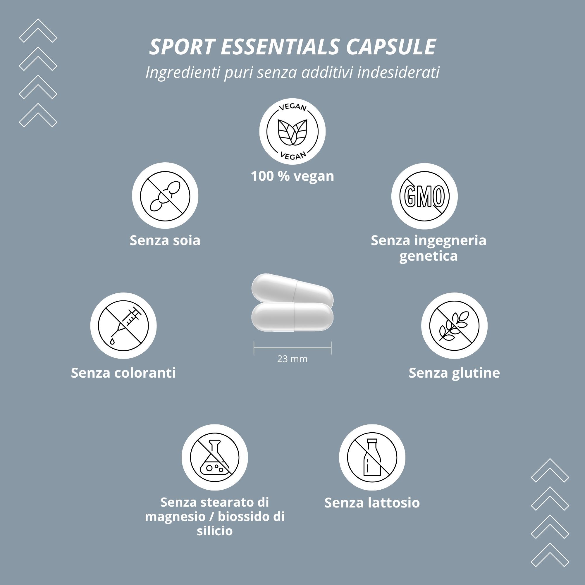 Infografica su nutri+ Sport Essentials capsule: 100% vegan, senza soia, glutine, OGM, coloranti, magnesio stearato/silicio, lattosio.