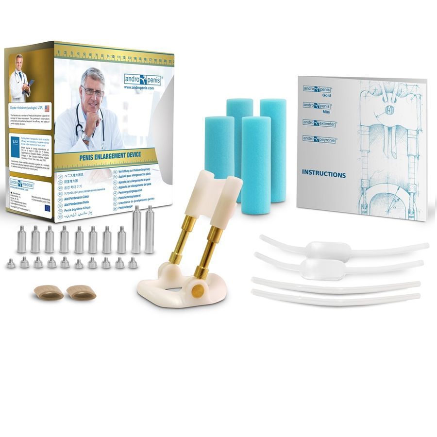 Confezione di un dispositivo di allungamento del pene con immagine di un medico, illustrazione e testi multilingue.