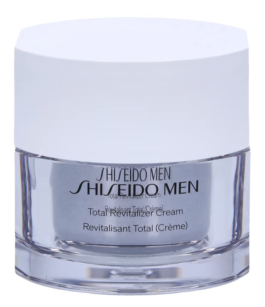 Crema Total Revitalizer per Uomini Shiseido. Vasetto trasparente con coperchio bianco. Marchio e nome visibili.