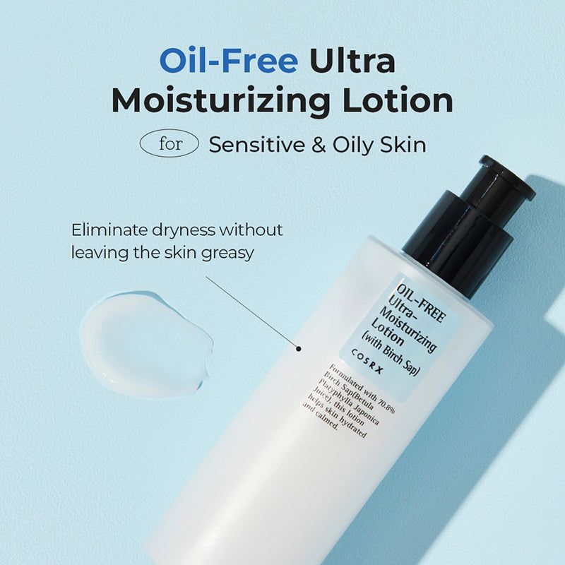 Testo: Oil-Free Ultra-Moisturizing Lotion per pelli sensibili e grasse. Flacone con erogatore.