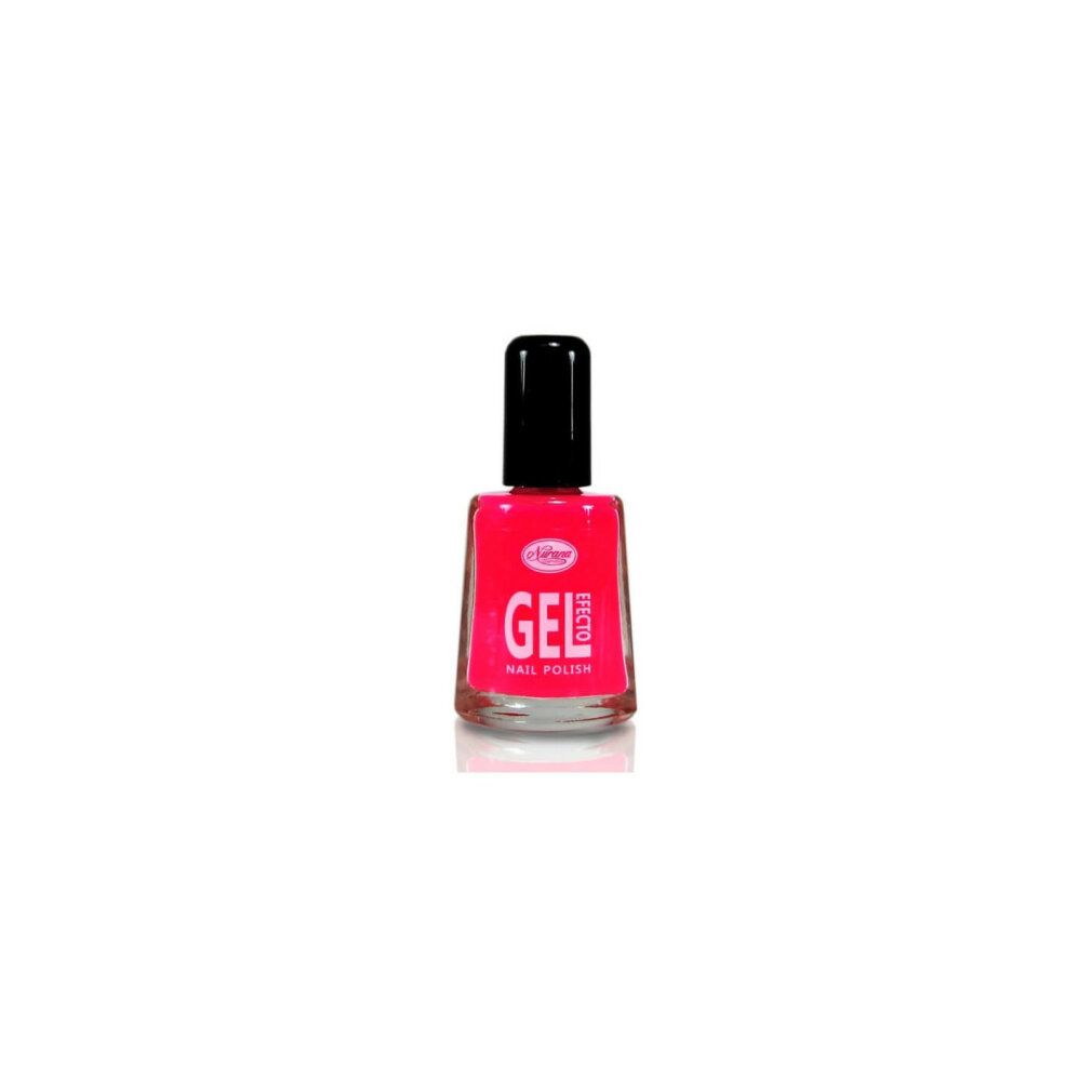 Flacone di smalto con tappo nero. Scritta "GEL EFFECTO NAIL POLISH". Colore rosa. Marchio Nurana.