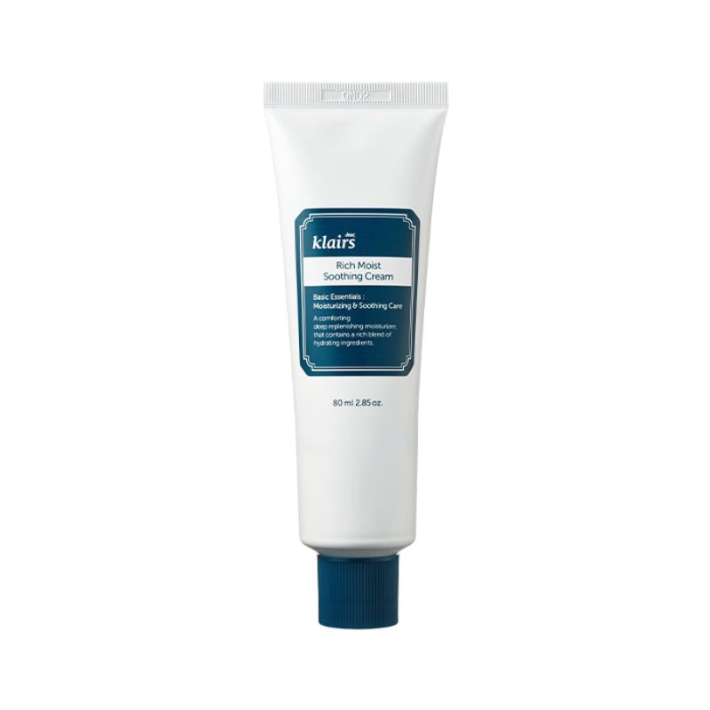 Tubo bianco con tappo blu. Scritta: klairs Rich Moist Soothing Cream. 80 ml.