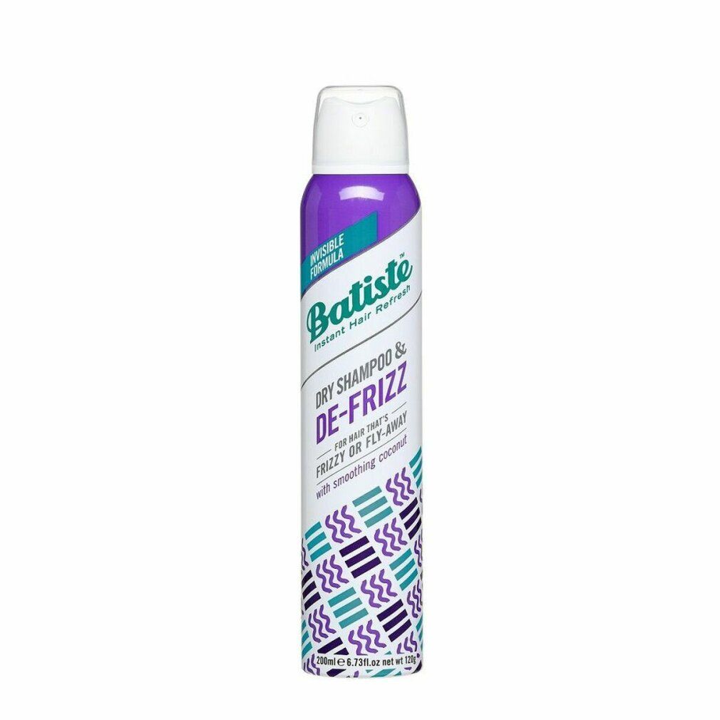 Batiste shampoo secco De-Frizz. Flacone viola con tappo bianco. Testo: Instant Hair Refresh, Dry Shampoo & De-Frizz.