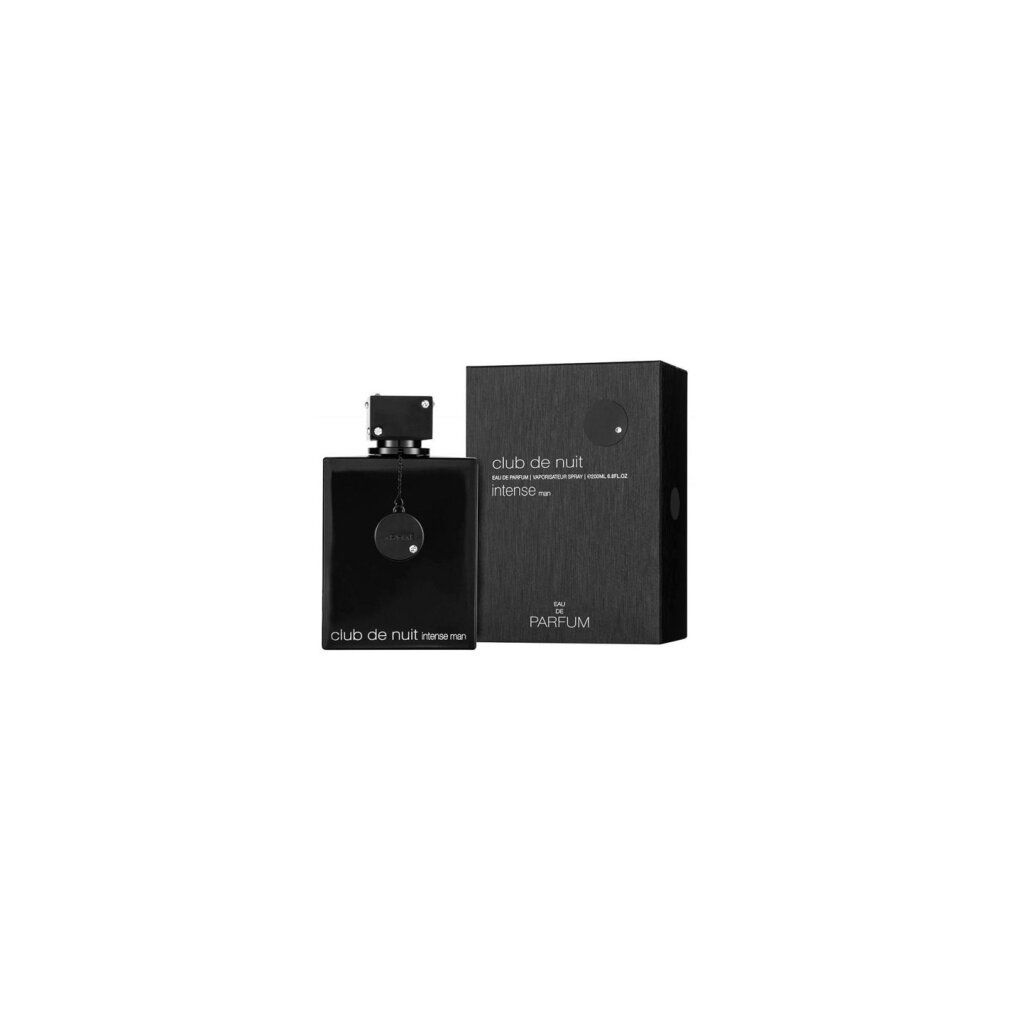 Flacone e scatola neri. Testo: "Club de Nuit Intense man" e "Eau de Parfum". Flacone con tappo e pendente.