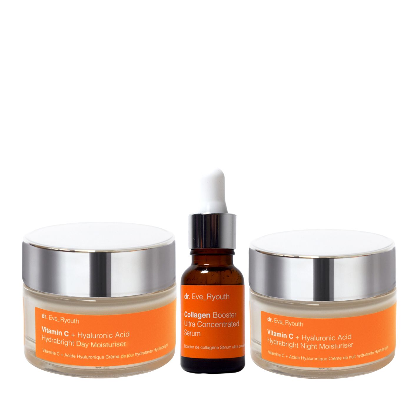 Due creme e un siero. Scritte: dr.Eve_Ryouth, Vitamin C + Hyaluronic Acid. Siero con pipetta. Creme con coperchi.
