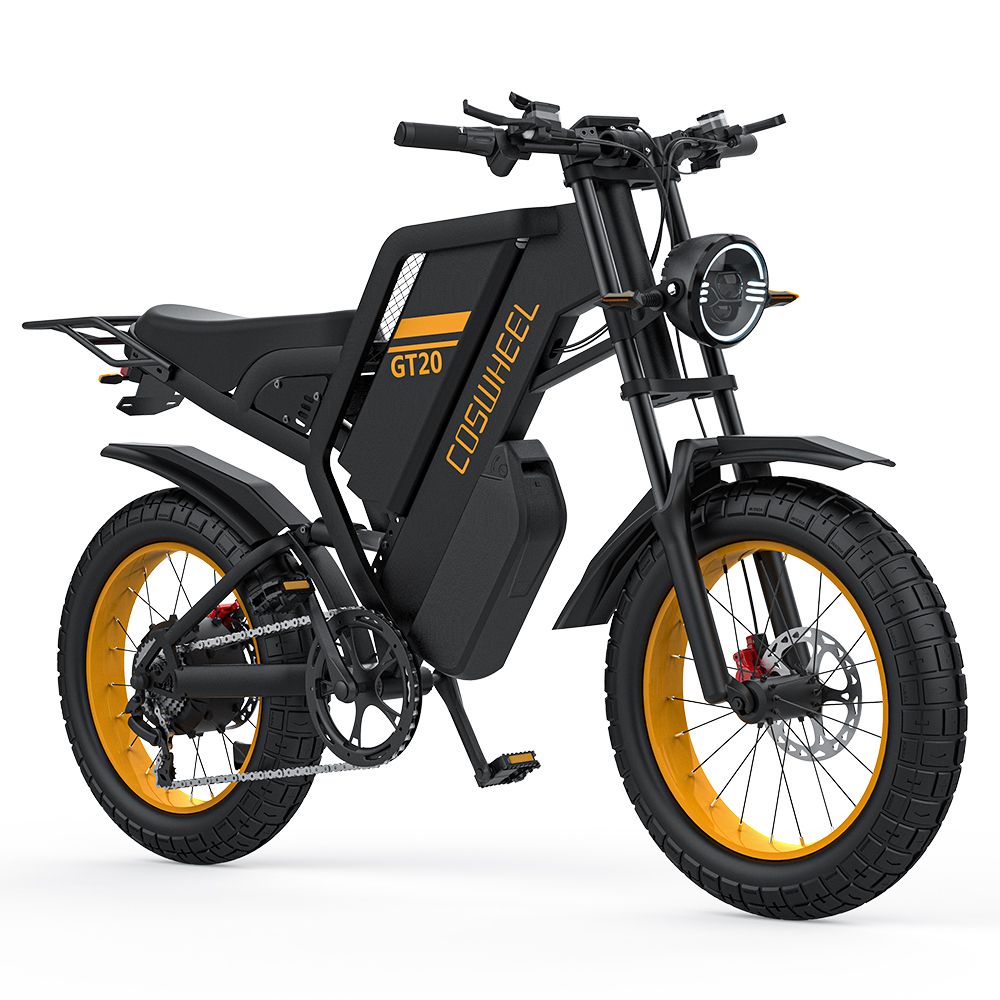 E-bike nera con cerchi gialli. Scritta COSWHEEL GT20. Pneumatici larghi, faro.