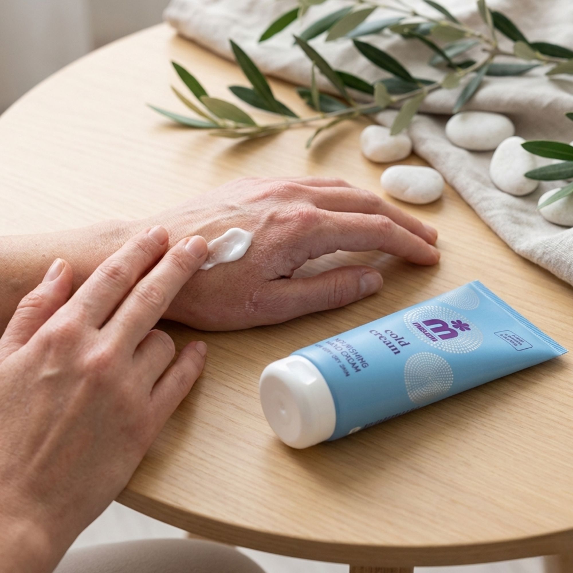 Mani applicano crema. Accanto, tubo blu chiaro "Melem Cold Cream". Scritta: "Nourishing Hand Cream for very dry skin".
