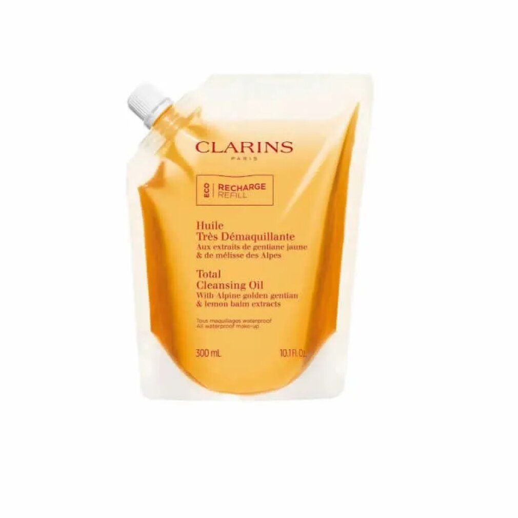 Ricarica olio struccante. Liquido chiaro e giallastro in busta con tappo a vite. Marchio: Clarins.