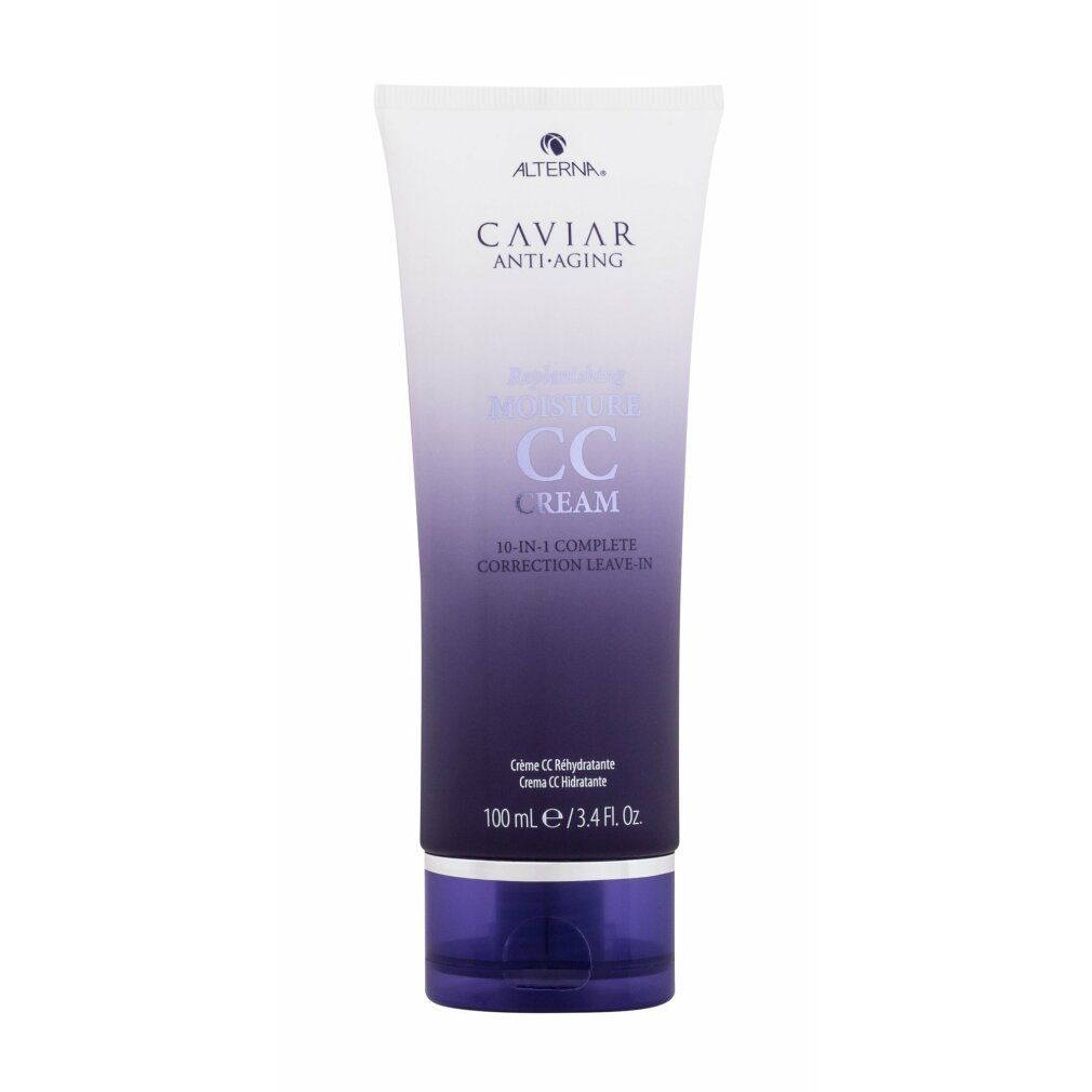 Tubo di crema CC. Sfumatura bianco-viola. Scritte: Caviar Anti-Aging, Replenishing Moisture CC Cream. 10-in-1.