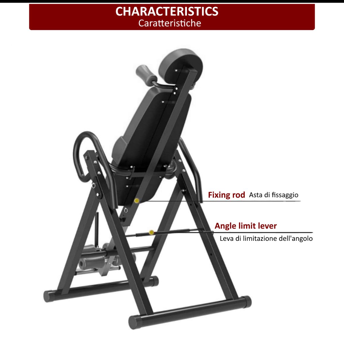 Vista posteriore della panca per inversione con asta di fissaggio e leva di limitazione dell'angolo. Struttura in metallo nero.