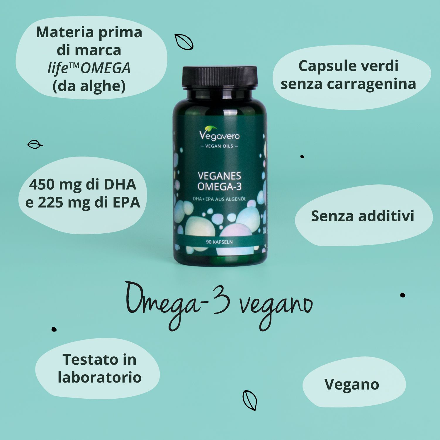 Bottiglia con capsule. Scritta: Vegavaro - Vegan Oils. Vegan Omega-3. 90 capsule. Testo: 450 mg DHA & 225 mg EPA. Icone.