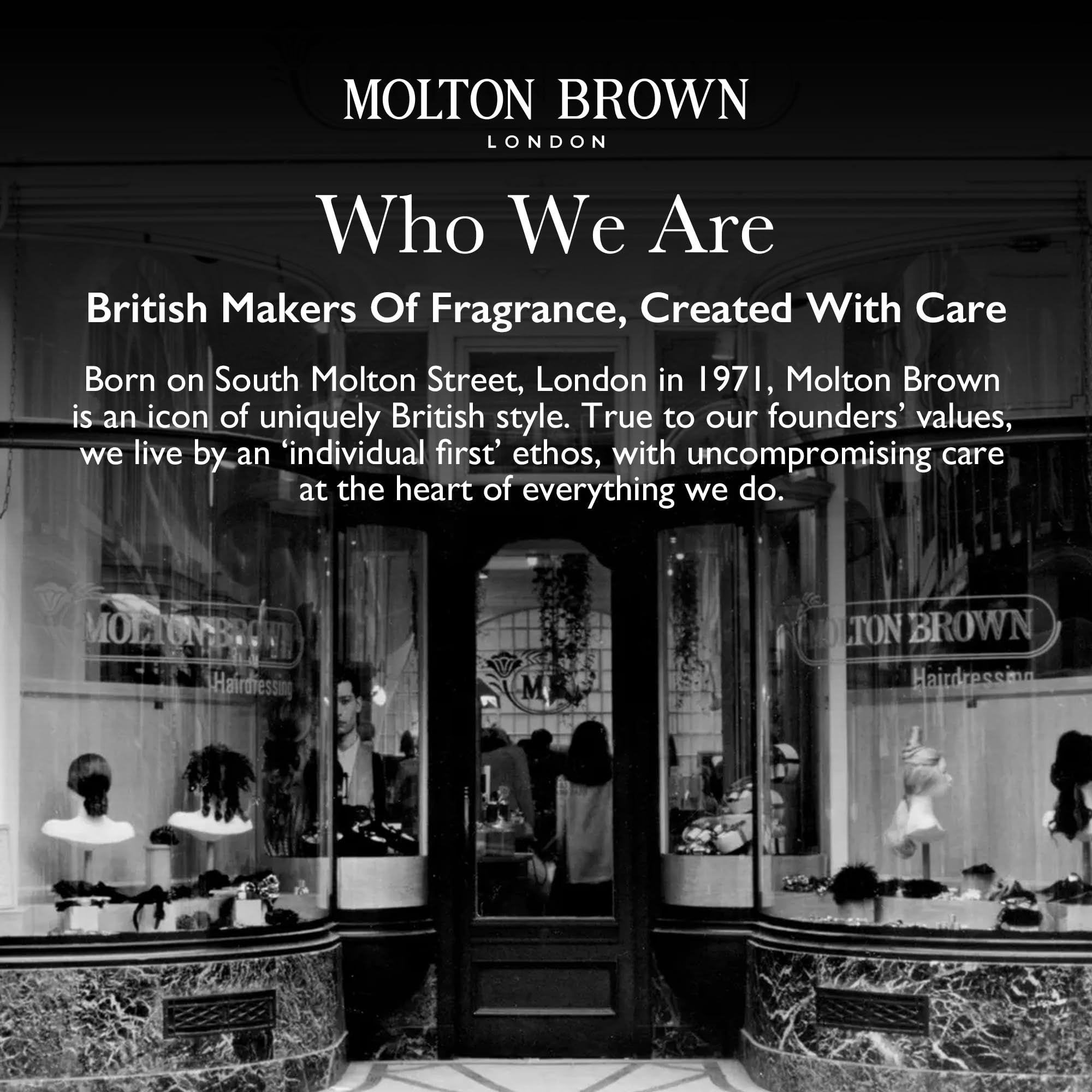 Foto in bianco e nero di un negozio. Scritta: Molton Brown London. Testo: British Makers Of Fragrance, Created With Care.