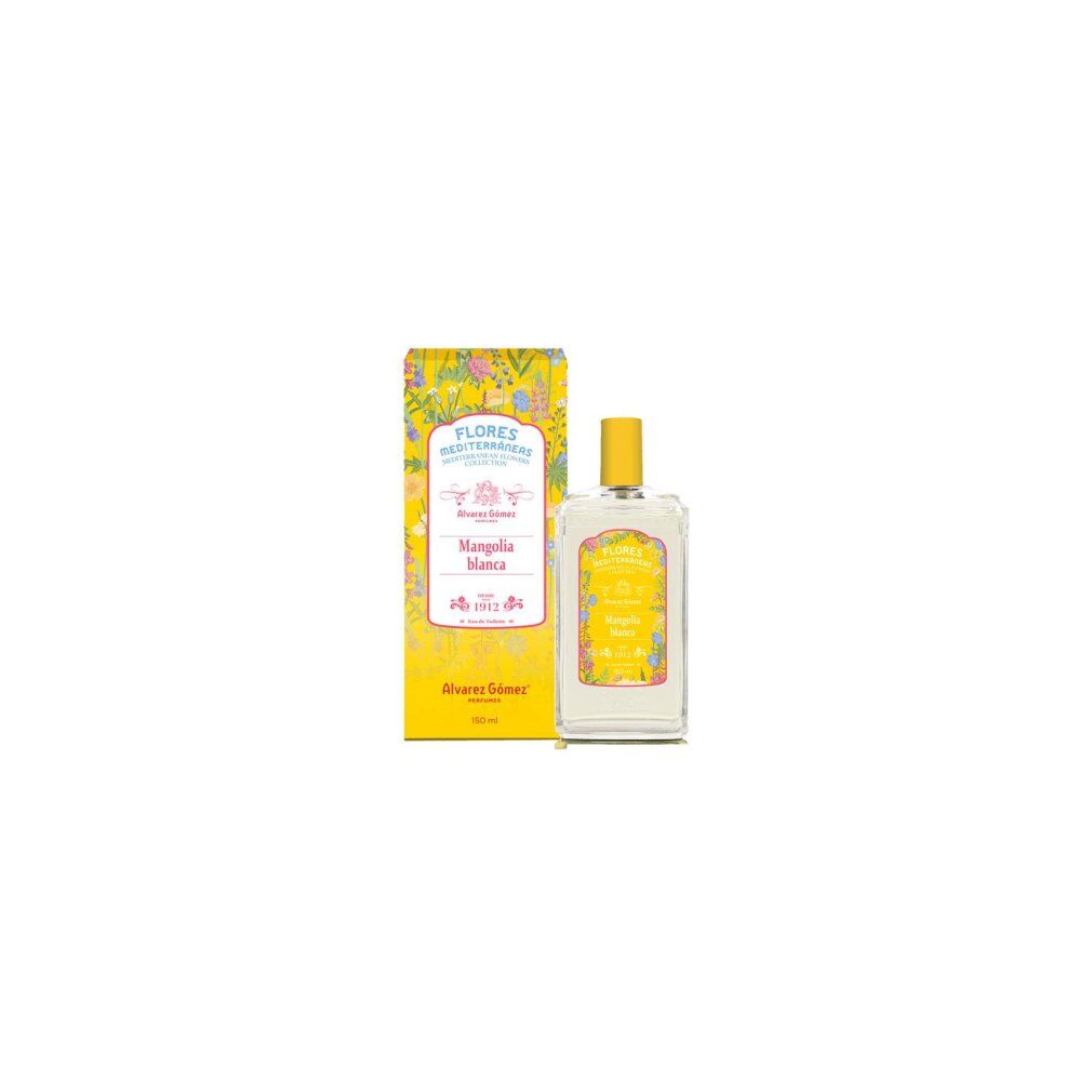 Flacone e scatola. Scritta: Magnolia Blanca, Alvarez Gómez. Scatola gialla, flacone trasparente con tappo giallo.