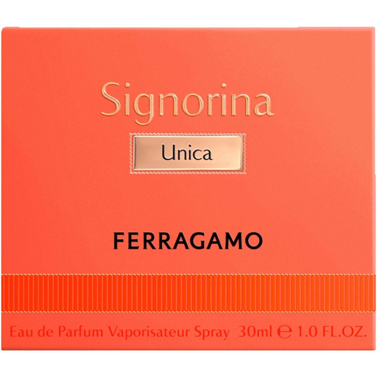 Confezione Signorina Unica EdP Nat. Spray. Confezione rettangolare, arancione, scritta Signorina Unica FERRAGAMO. Testo: Eau de Parfum Vaporisateur Spray.