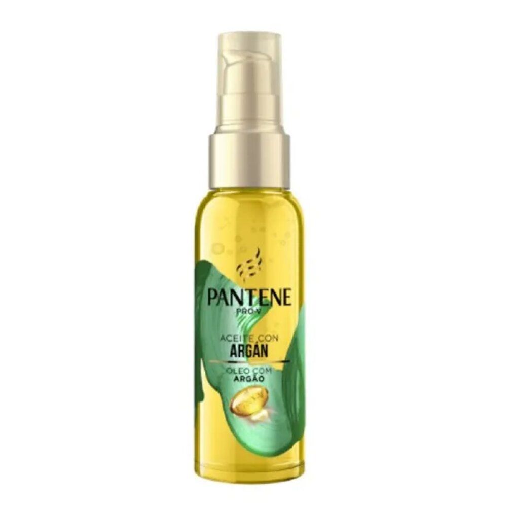 Flacone giallo con erogatore dorato. Scritta PANTENE PRO-V, olio di argan. Illustrazione di foglie verdi.