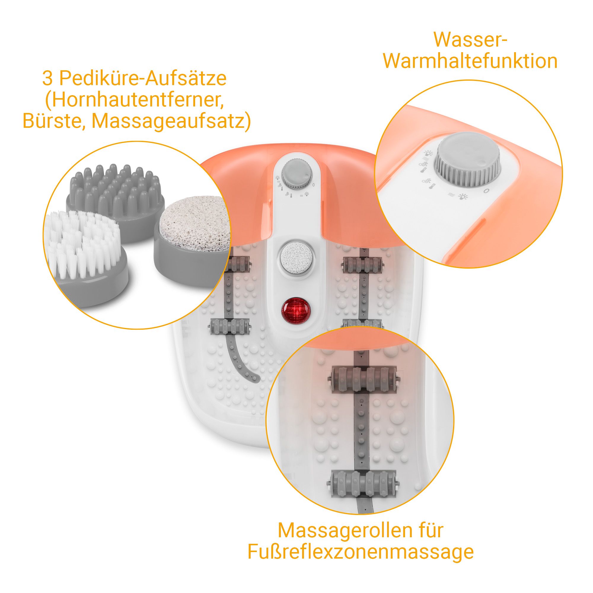 Vasca Medisana con 3 accessori pedicure: levigatore, spazzola, massaggio.